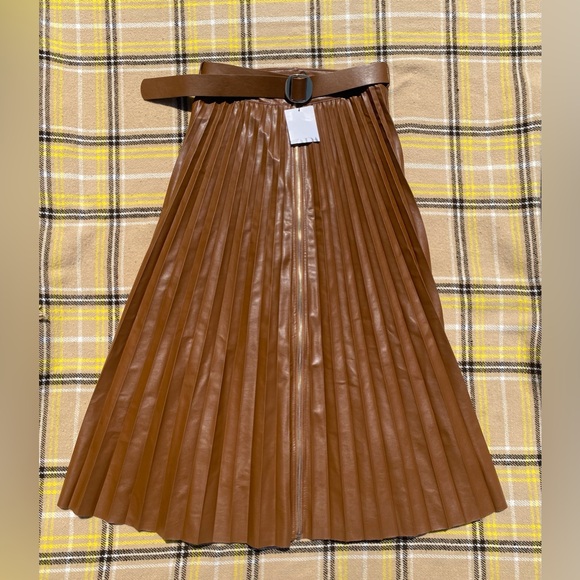 Zara Dresses & Skirts - NWT Zara Faux Leather Pleated Raw Edge Chestnut Brown Long Skirt with Belt